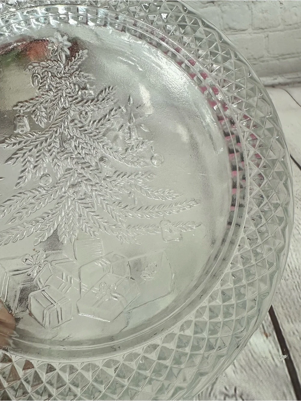 vtg KIG Indonesia Glass Serving Bowl embossed Christmas tree swirl cross hatch